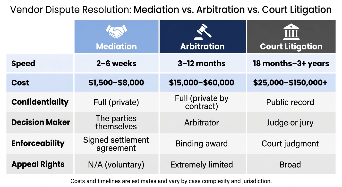 Mediation vs. Arbitration vs. Court Litigation: Cost, Speed & Key Differences