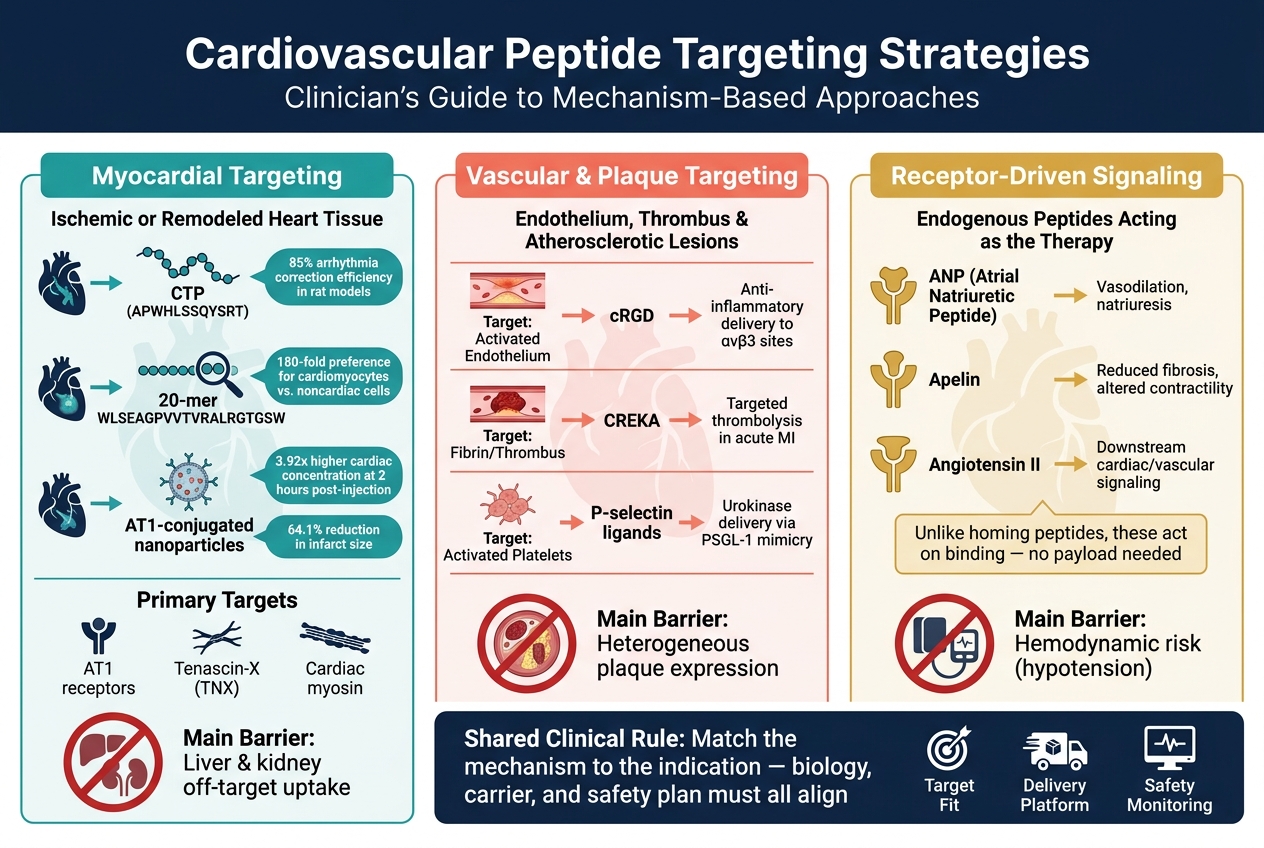 Cardiovascular Peptide Targeting Strategies: Myocardial vs. Vascular vs. Receptor-Driven