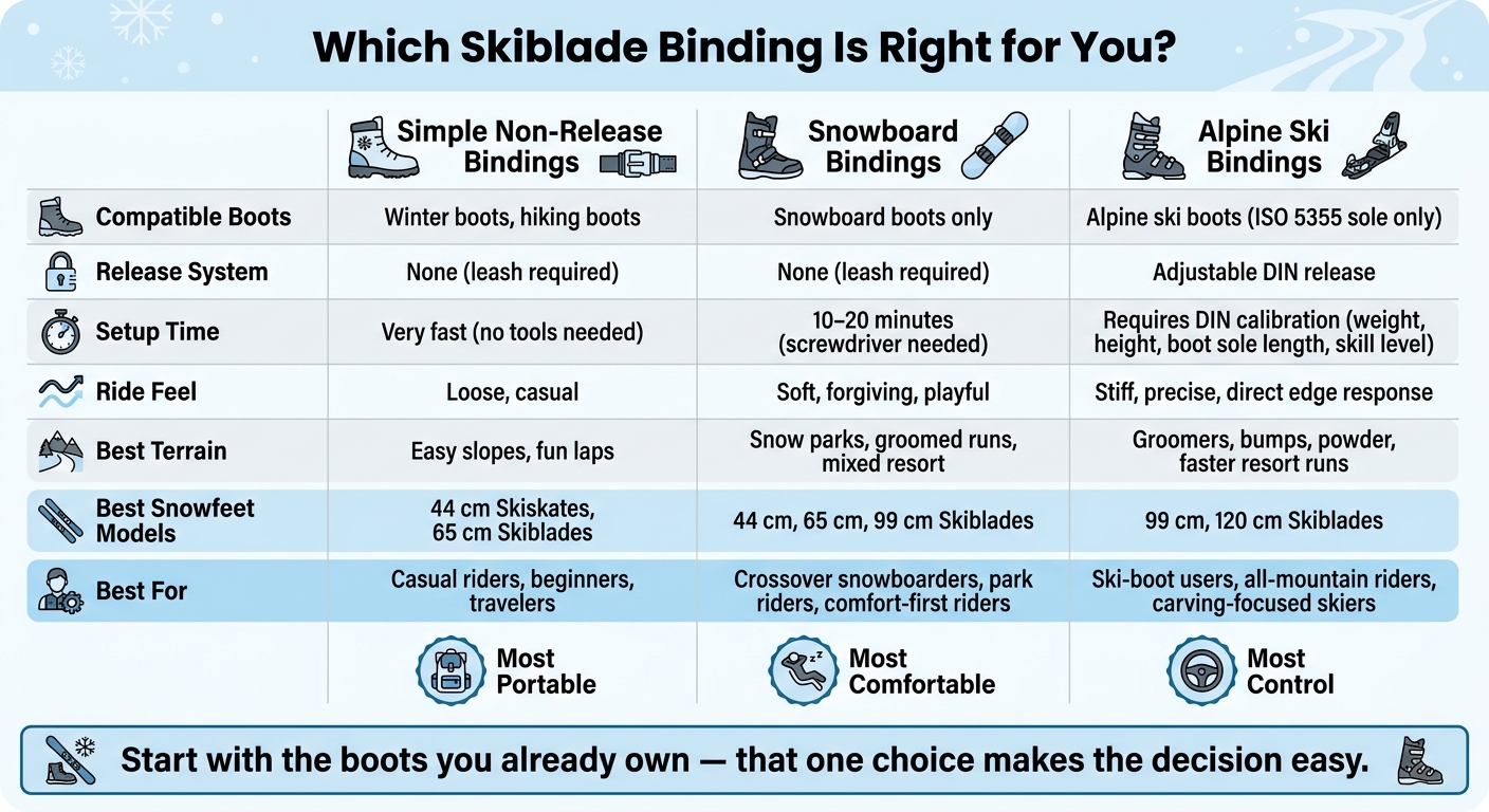 Skiblade Bindings Compared: Simple vs. Snowboard vs. Ski