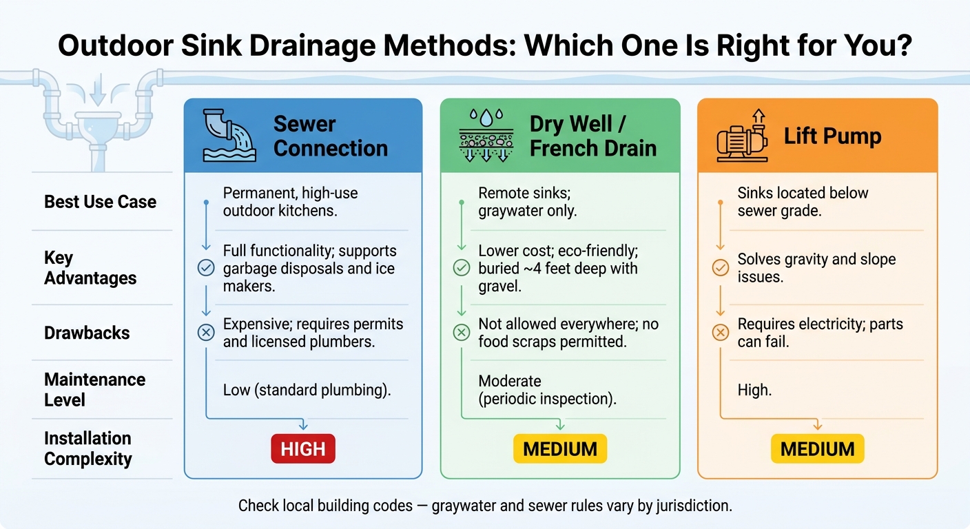 Outdoor Sink Drainage Methods Compared: Sewer vs. Dry Well vs. Lift Pump