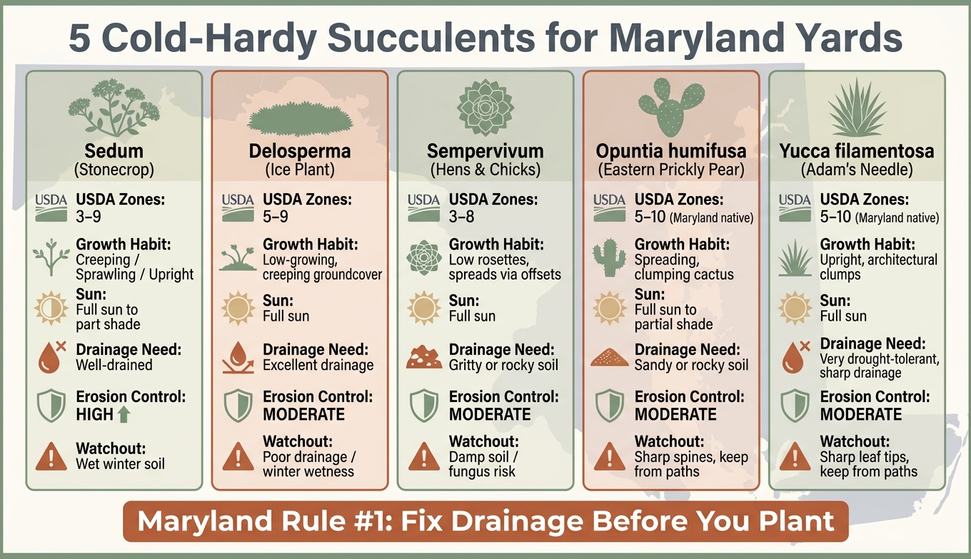 5 Cold-Hardy Succulents for Maryland Yards: At-a-Glance Comparison