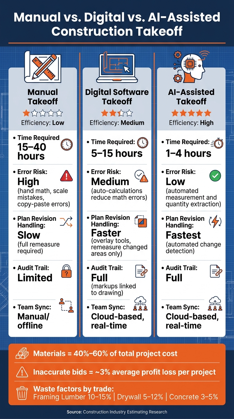 Manual vs. Digital vs. AI Takeoff: Time, Cost & Accuracy Compared