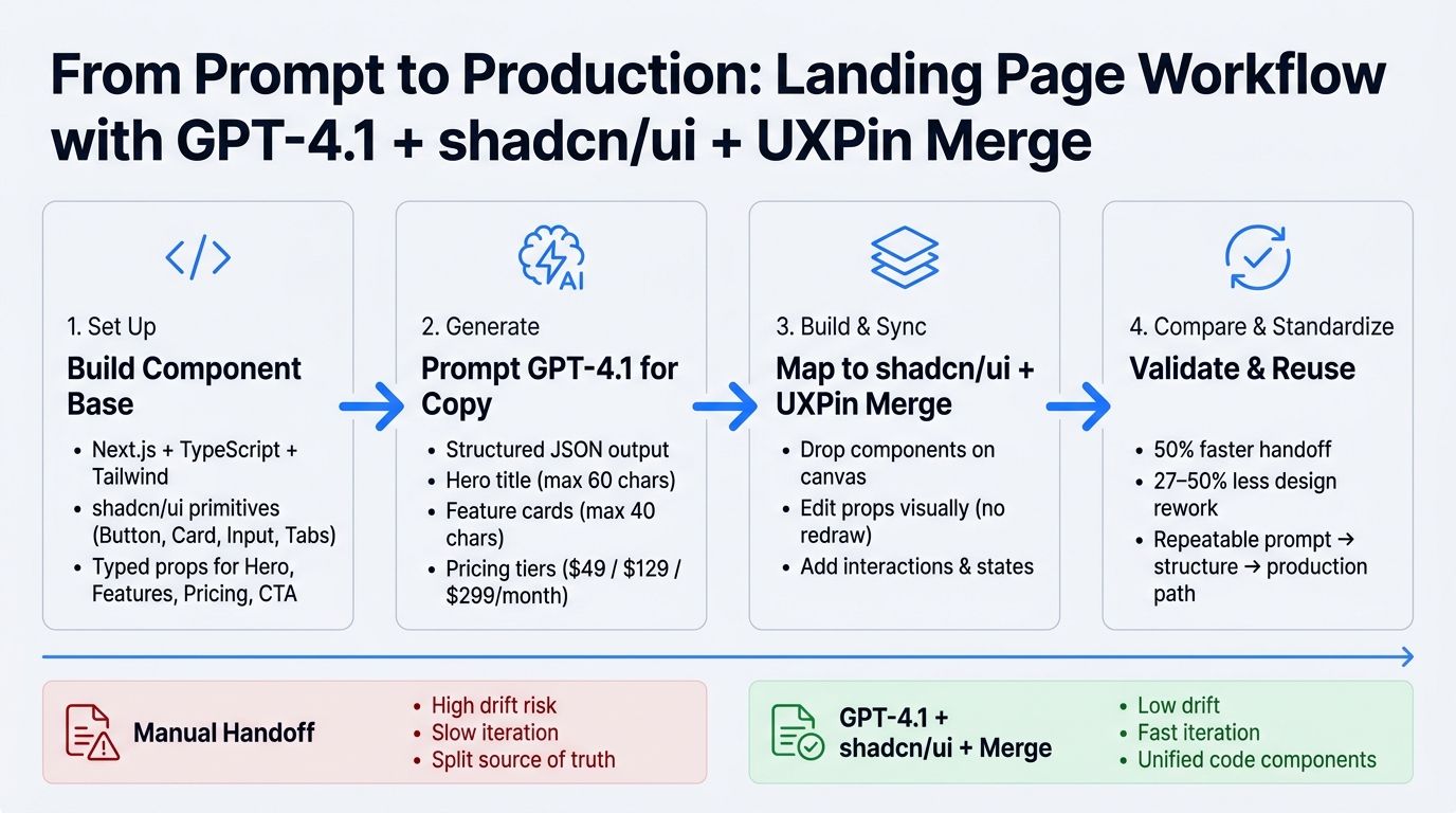 GPT-4.1 + shadcn/ui + UXPin Merge: Landing Page Workflow
