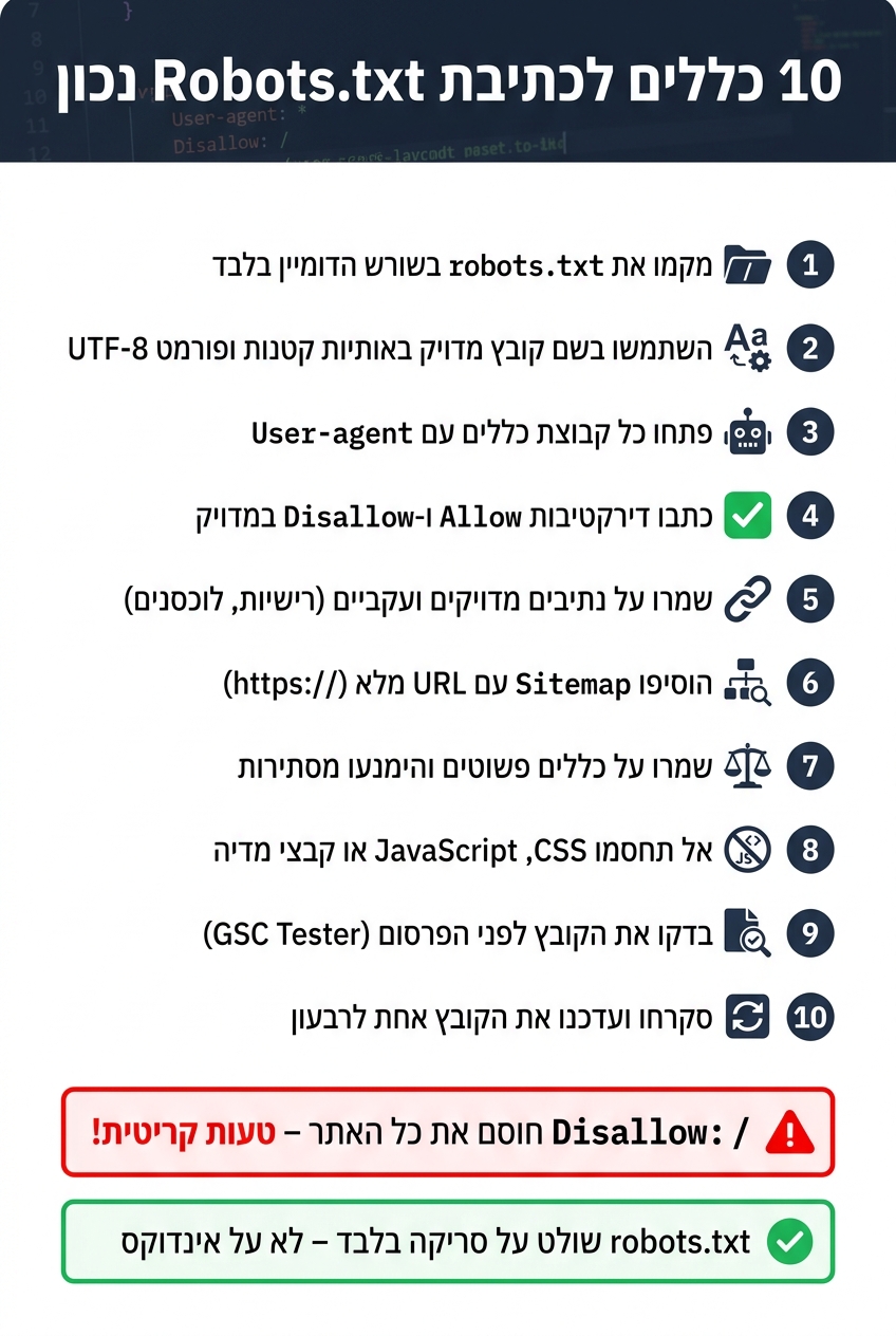 10 כללים לכתיבת Robots.txt נכון – טבלת עזר מהירה