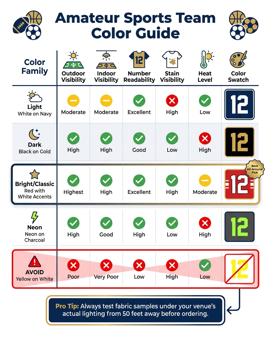 Amateur Sports Team Color Guide: Visibility, Heat & Readability at a Glance