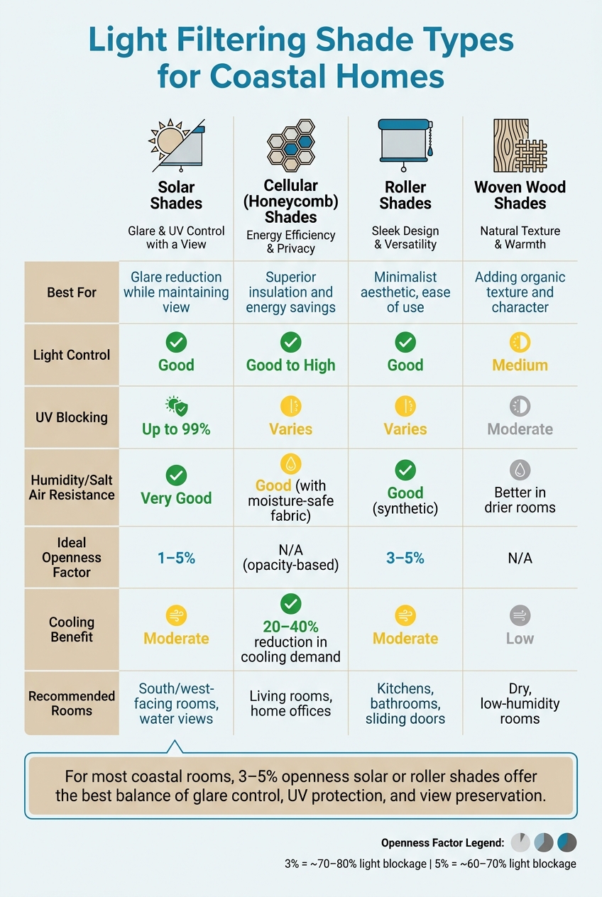 Light Filtering Shade Types for Coastal Homes: Quick Comparison Guide