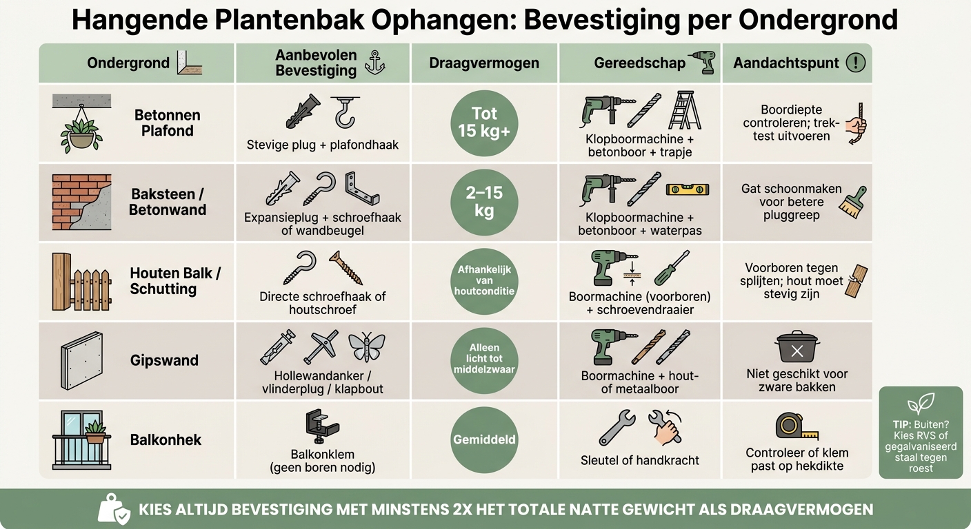 Hangende Plantenbak Ophangen: Bevestiging per Ondergrond