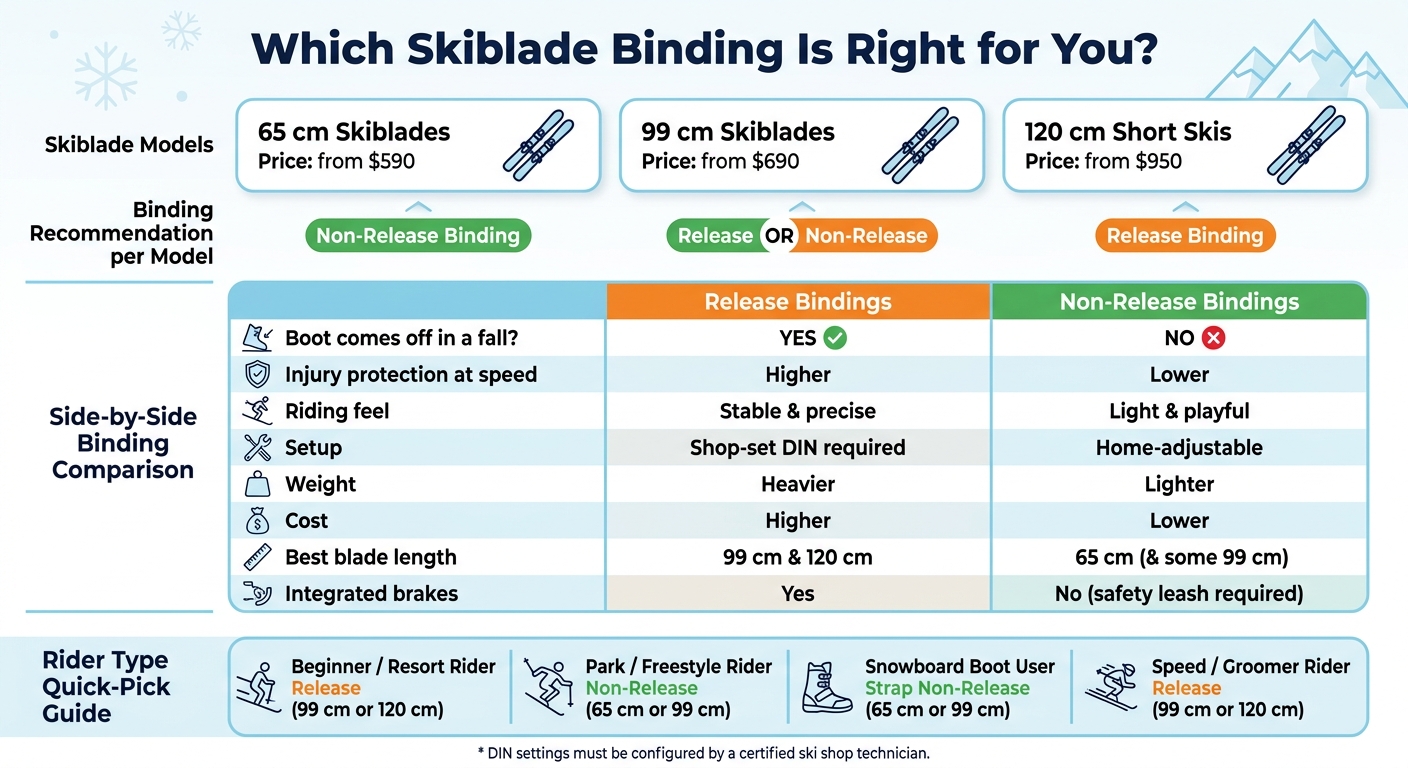 Skiblade Binding Comparison: Release vs Non-Release by Model & Rider Type