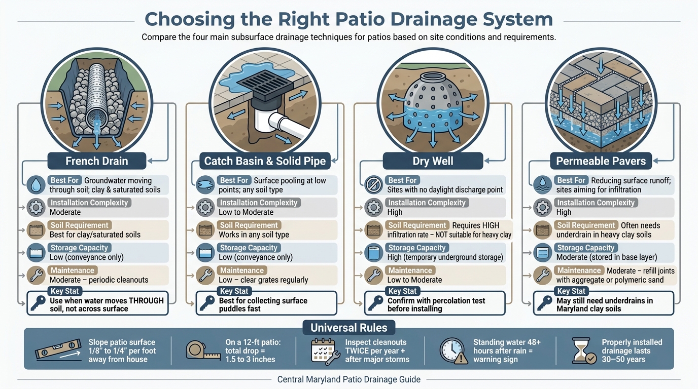 Patio Subsurface Drainage Methods Compared: French Drain vs. Catch Basin vs. Dry Well vs. Permeable Pavers