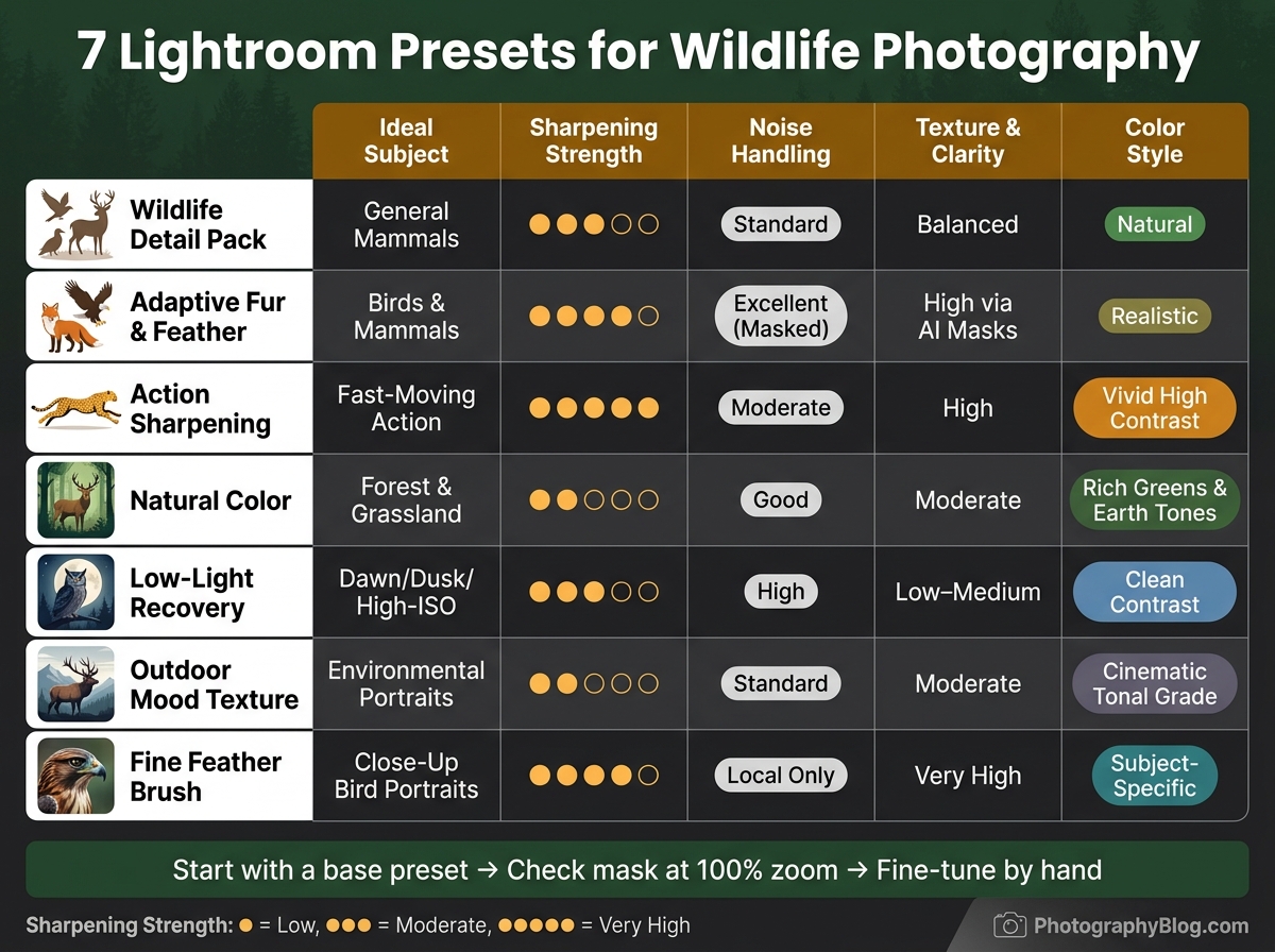 7 Lightroom Presets for Wildlife Photography: Quick Comparison Guide