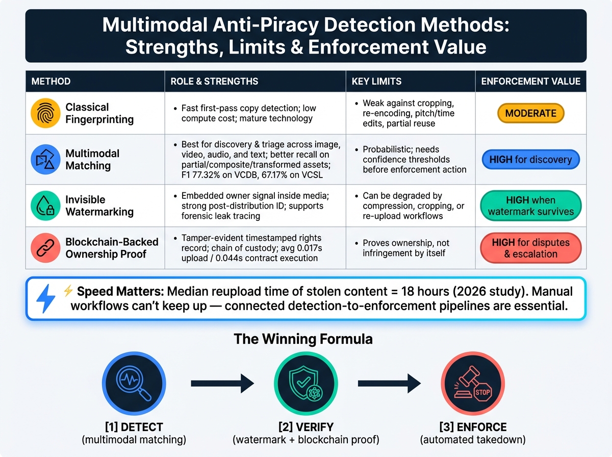 Multimodal Anti-Piracy Detection Methods: Strengths, Limits & Enforcement Value