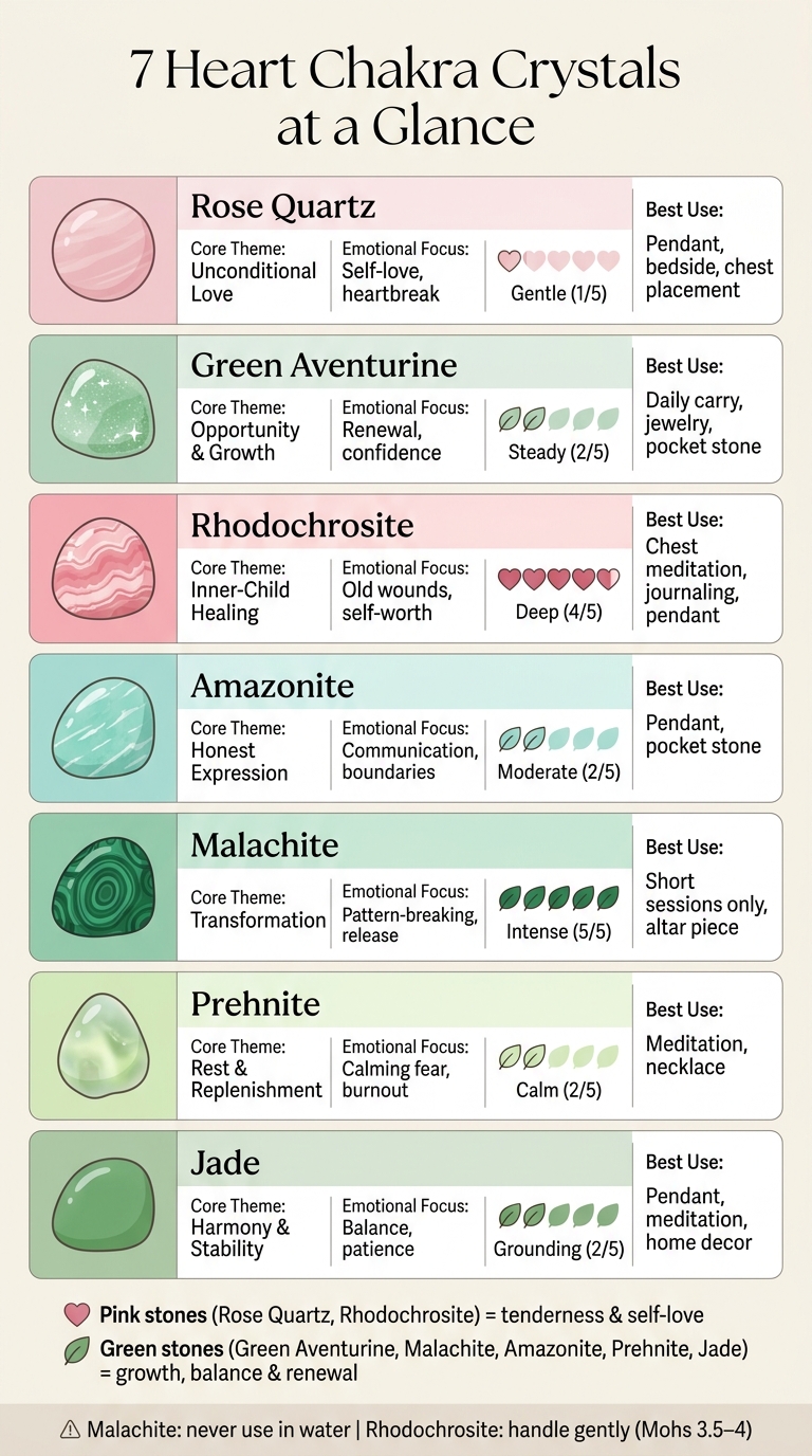 7 Heart Chakra Crystals: Quick Comparison Guide