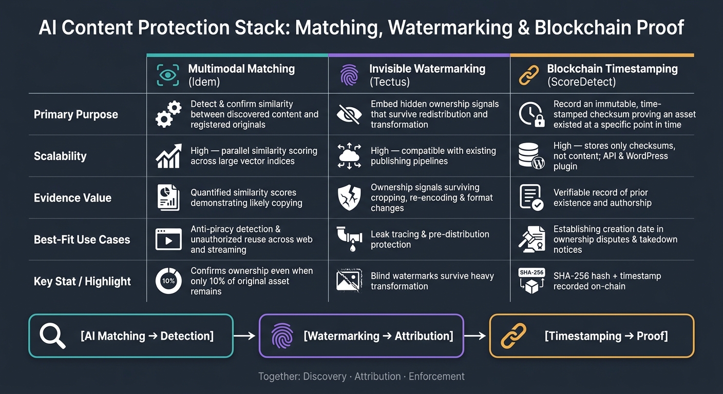 AI Content Protection Stack: Matching, Watermarking & Blockchain Proof