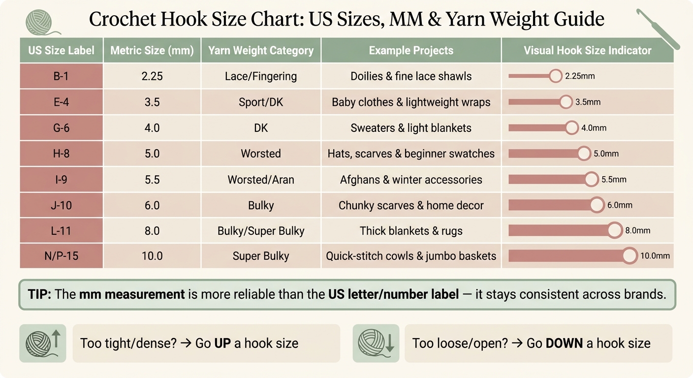 Crochet Hook Size Chart: US Sizes, MM & Yarn Weight Guide