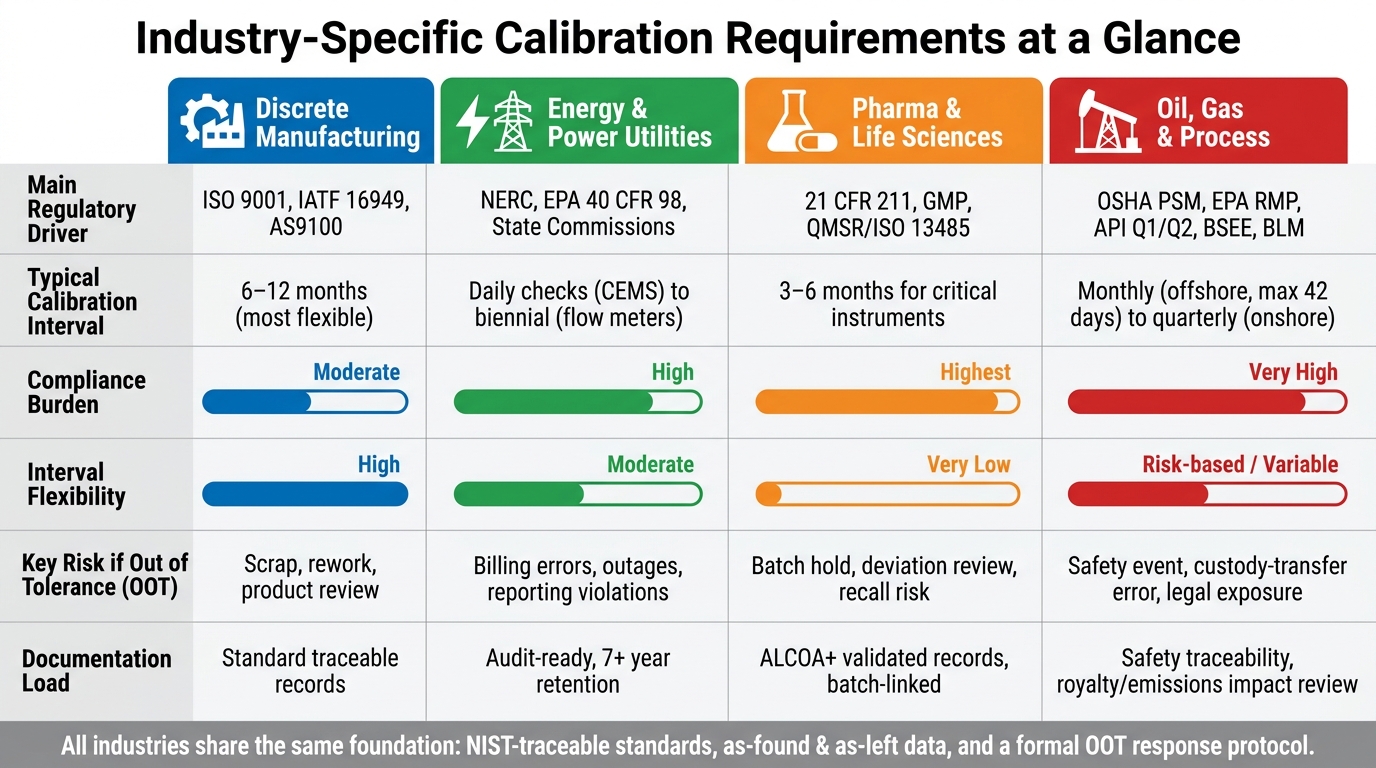 Industry Calibration Requirements Compared: Intervals, Risk & Compliance