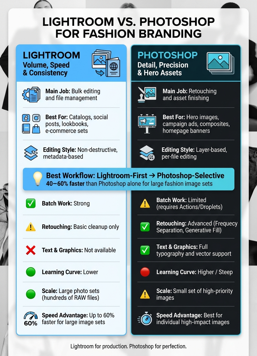 Lightroom vs. Photoshop for Fashion Branding: Quick Comparison Guide