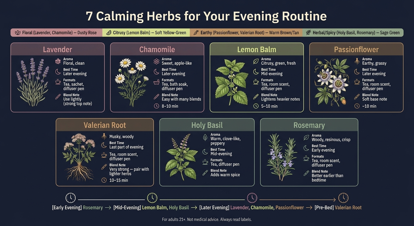 7 Calming Herbs for Evening Routines: Scent, Timing & Blend Guide
