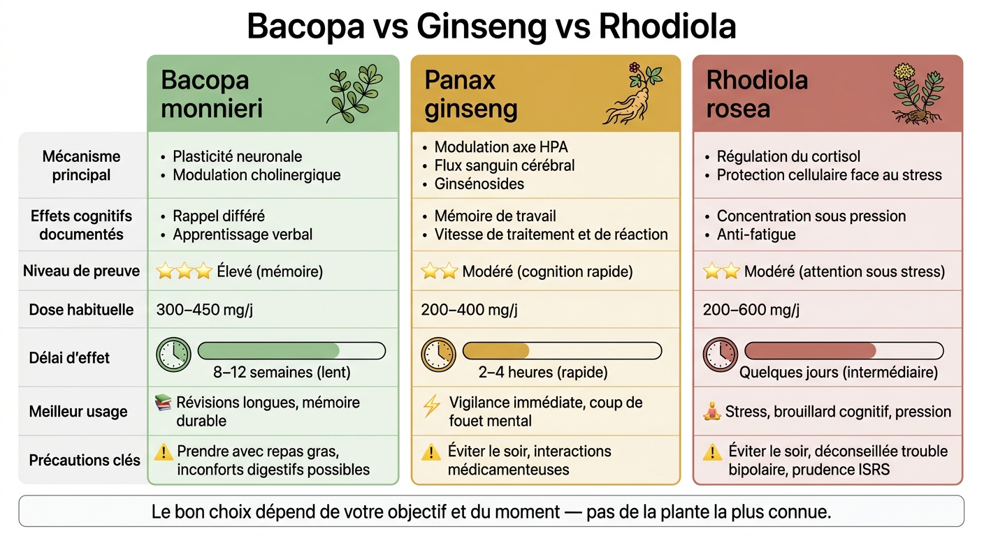 Bacopa vs Ginseng vs Rhodiola : Comparatif Mémoire & Cognition