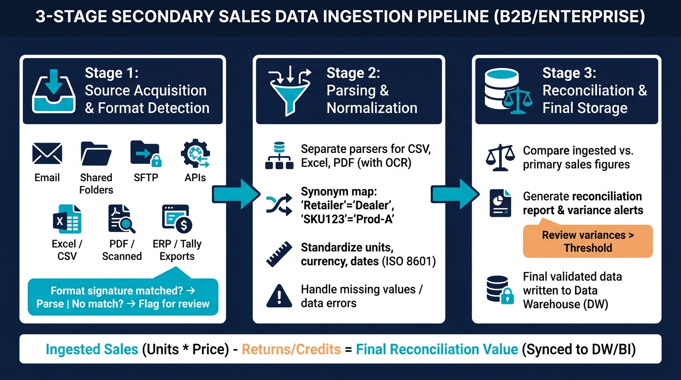 Secondary Sales Automation Pipeline: 3-Stage Data Ingestion Flow