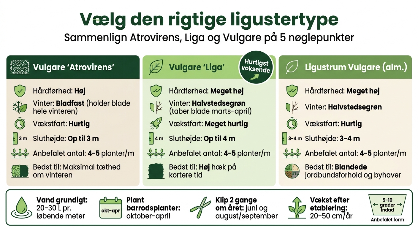 Ligustersorter Sammenlignet: Atrovirens, Liga og Vulgare