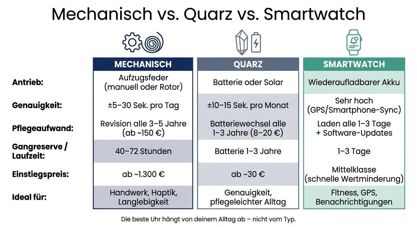 Mechanisch vs. Quarz vs. Smartwatch: Der große Uhrenvergleich