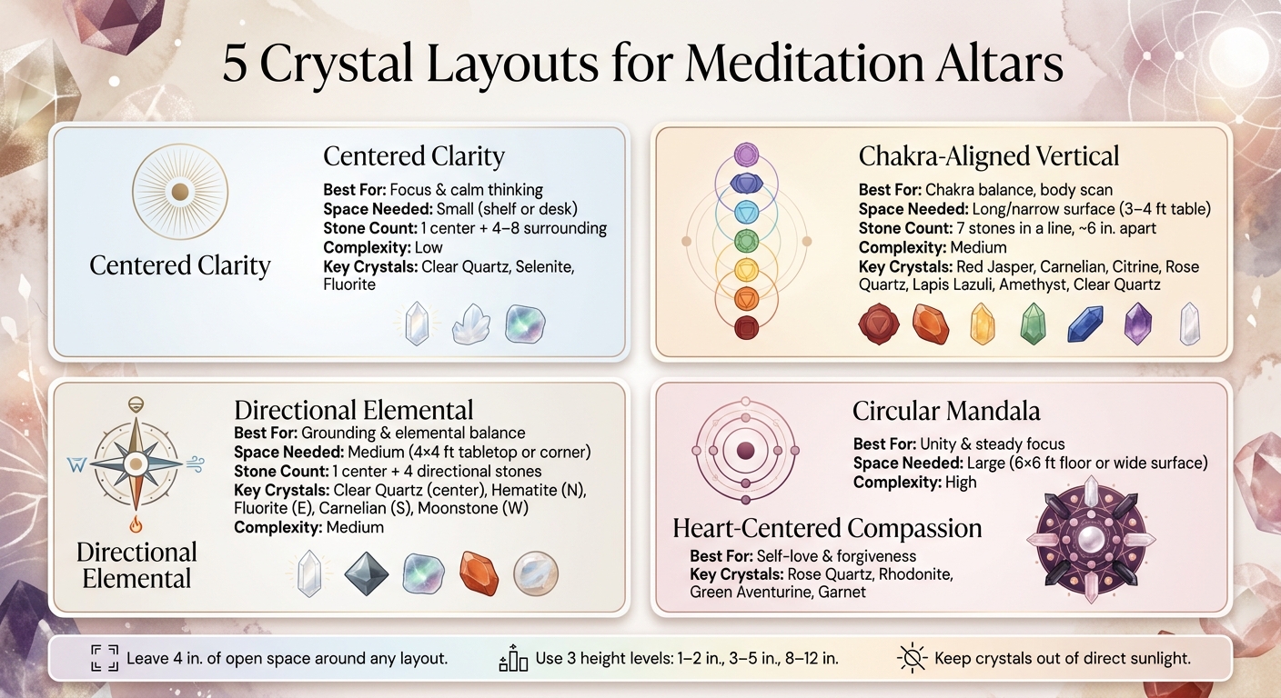 5 Crystal Layouts for Meditation Altars: Quick Comparison Guide