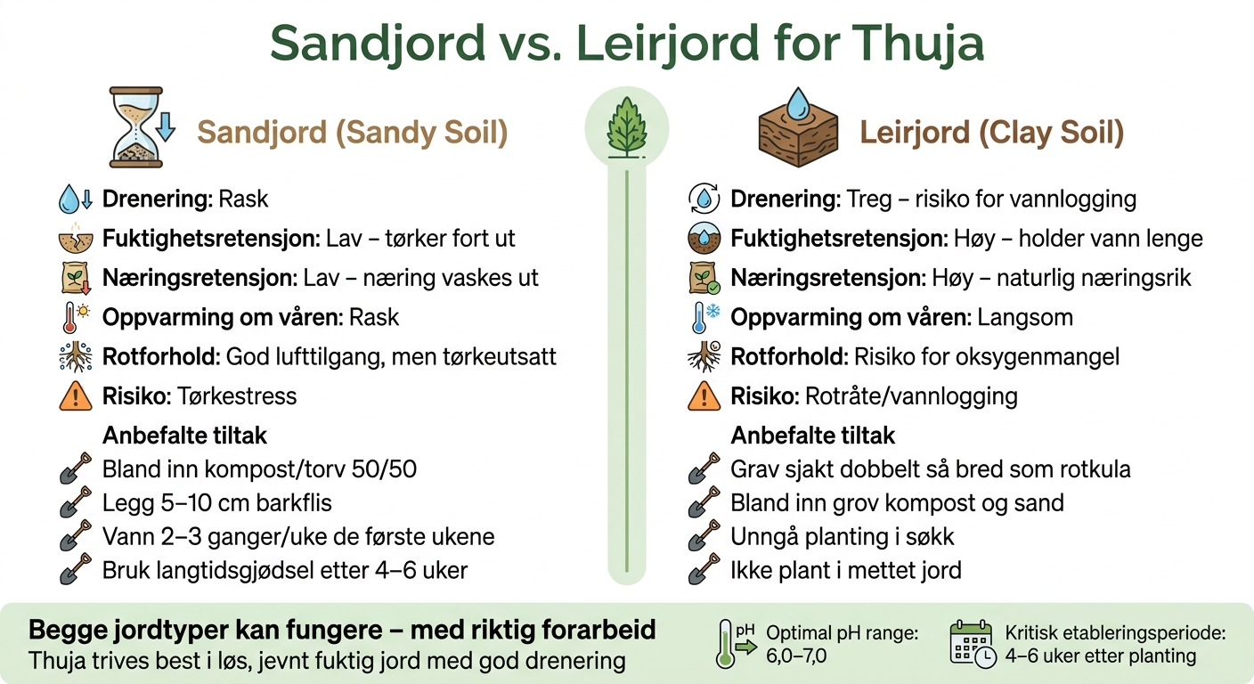 Sandjord vs. Leirjord for Thuja: Egenskaper og tiltak