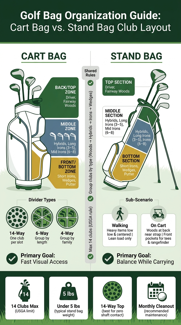 Golf Bag Organization Guide: Cart Bag vs. Stand Bag Club Layout