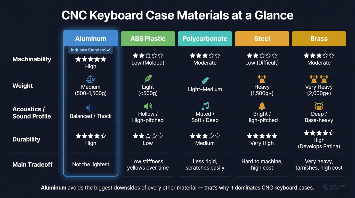CNC Keyboard Case Materials Compared: Aluminum vs. Plastic, Steel & Brass