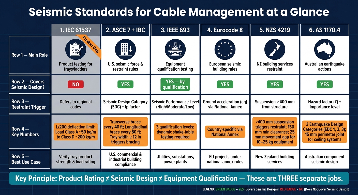 Seismic Standards for Cable Management: IEC 61537 vs ASCE 7 vs IEEE 693 & More
