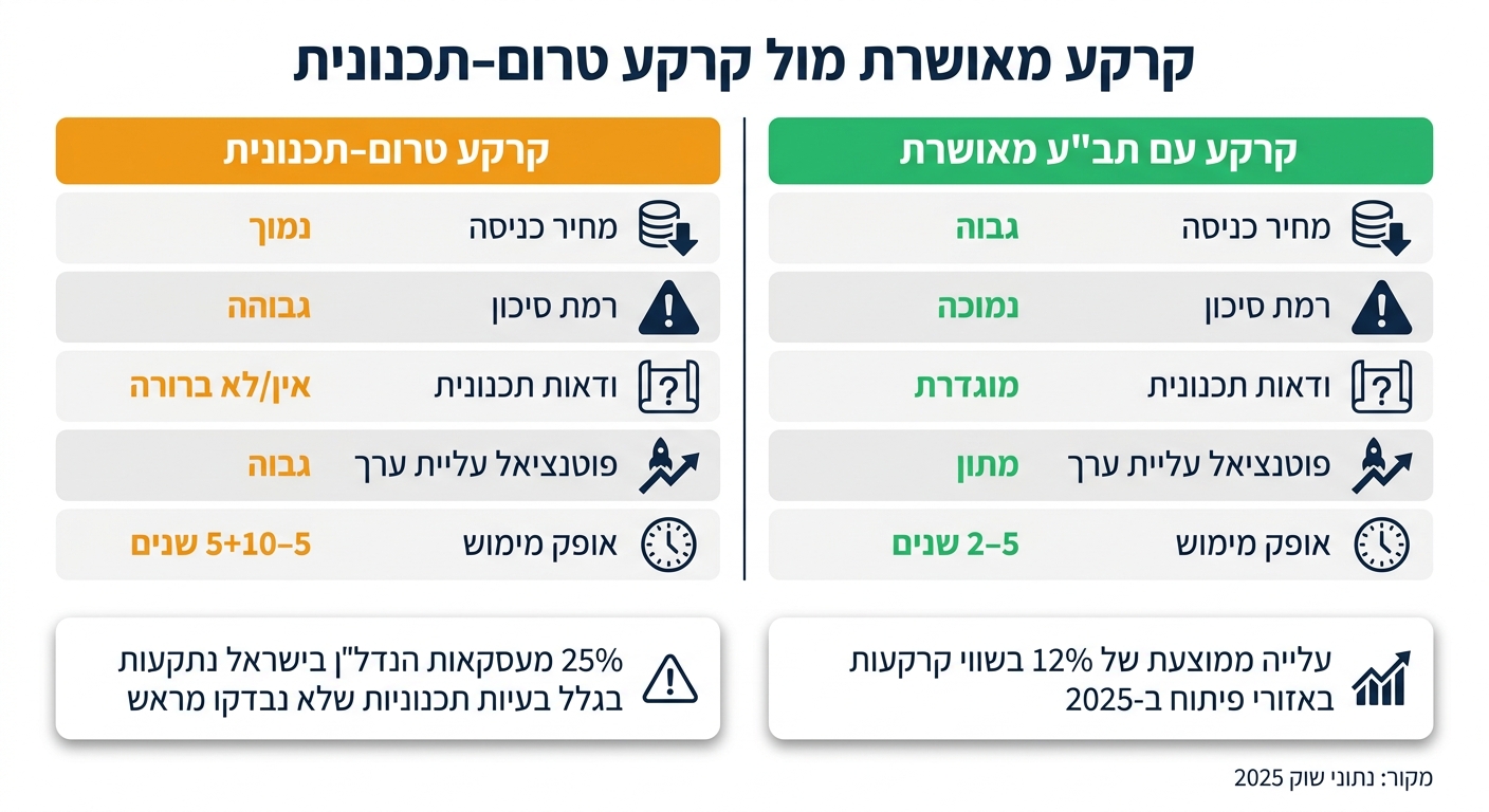 קרקע מאושרת מול קרקע טרום-תכנונית: השוואת סיכון ופוטנציאל