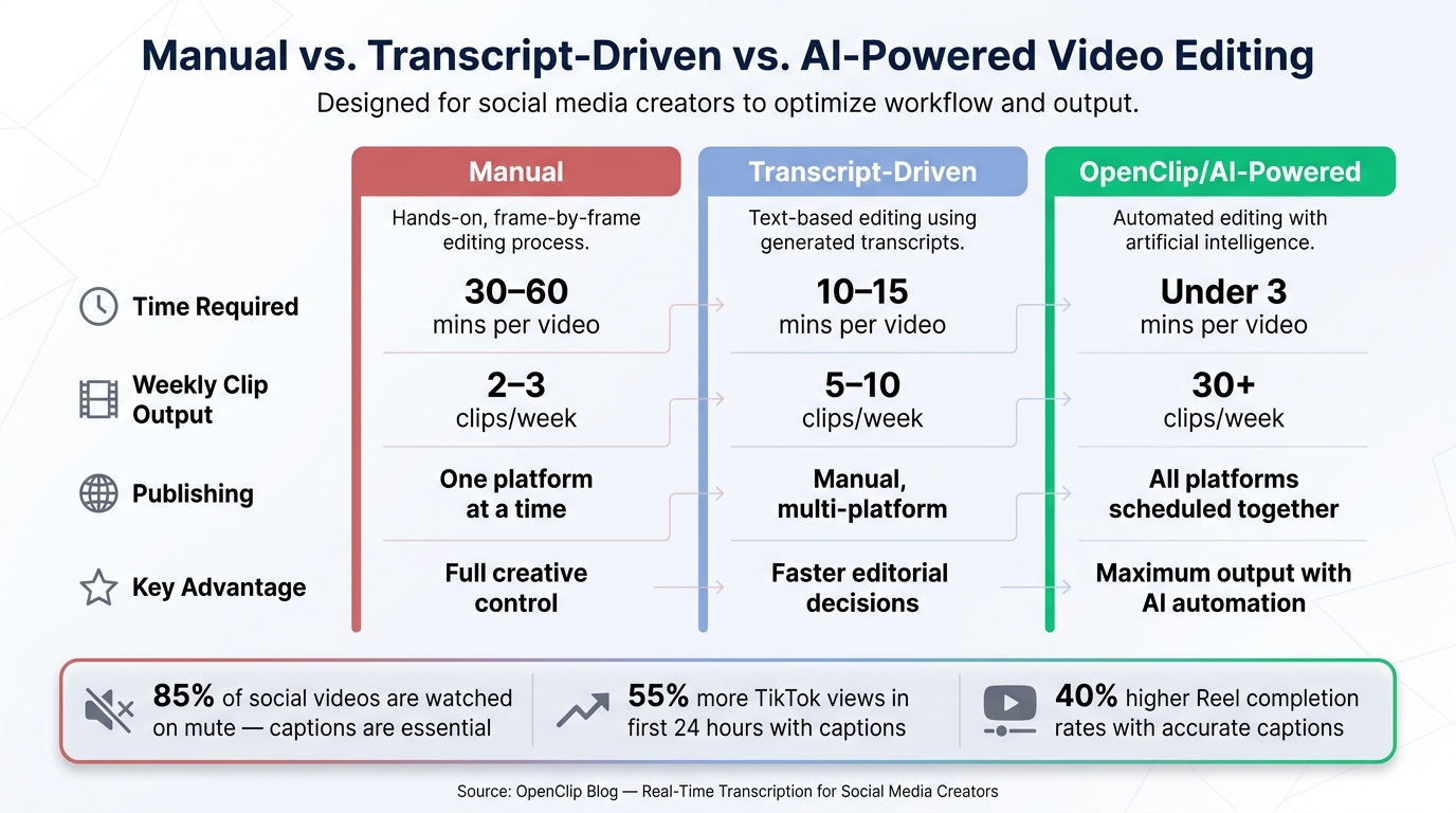 Manual vs. Transcript-Driven vs. AI Video Editing: Time, Scale & Speed