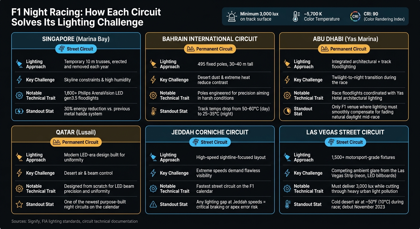 F1 Night Racing: Circuit Lighting Comparison by Venue