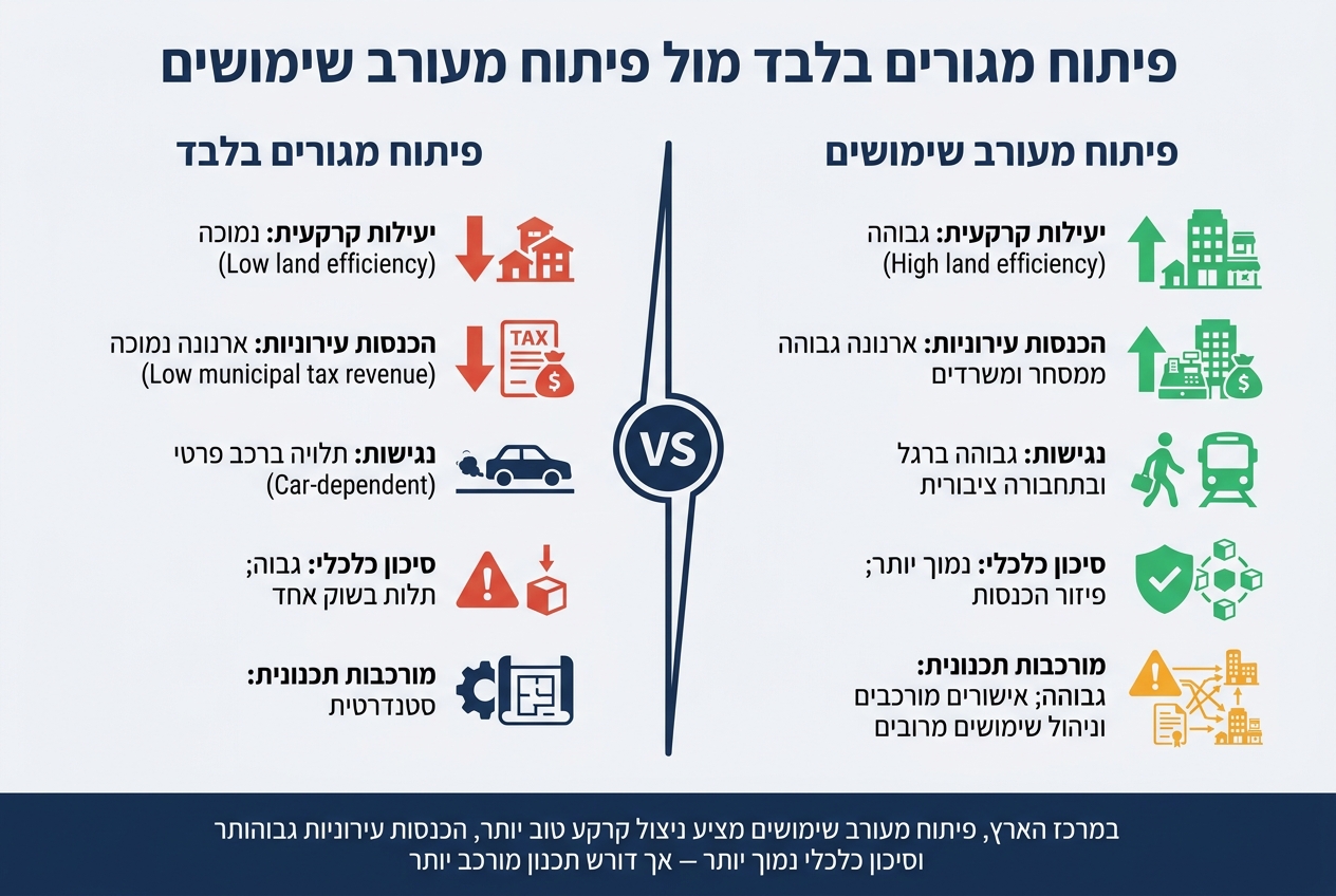 פיתוח מגורים בלבד מול פיתוח מעורב שימושים – השוואה מלאה