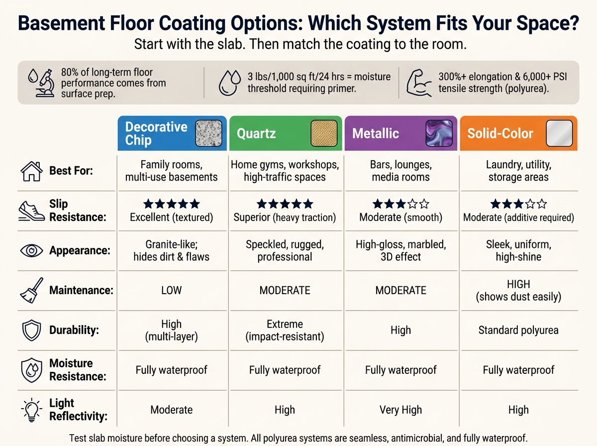 High-Traffic Basement Floors: Design Options 1 Basement Floor Coating Comparison: Decorative Chip Vs Quartz Vs Metallic Vs Solid-Color