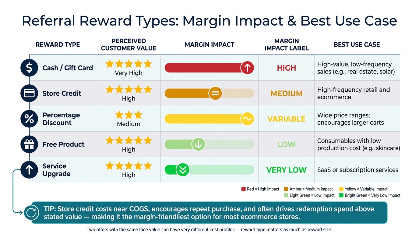 Referral Reward Types by Margin Impact & Best Use Case