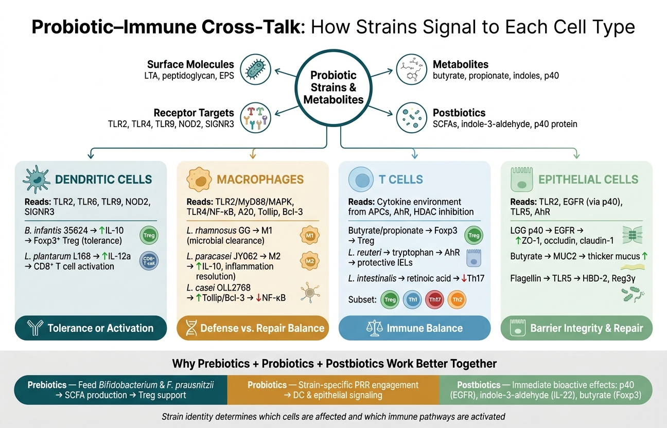 Probiotic–Immune Cross-Talk: How Strains Signal to Each Cell Type