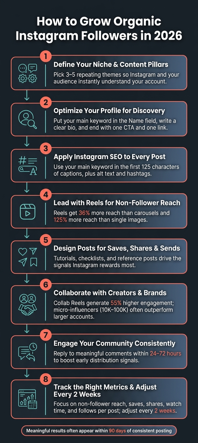 How to Grow Organic Instagram Followers in 2026: 8-Step Playbook