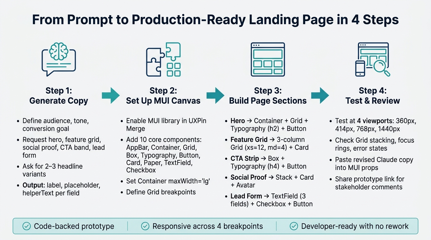 Claude + MUI + UXPin Merge: 4-Step Landing Page Workflow
