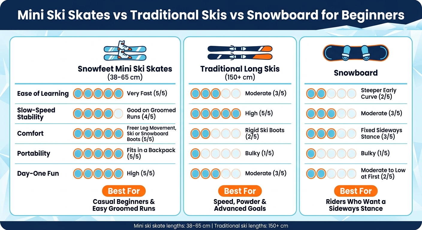 Mini Ski Skates vs Traditional Skis vs Snowboard: Beginner Comparison Guide