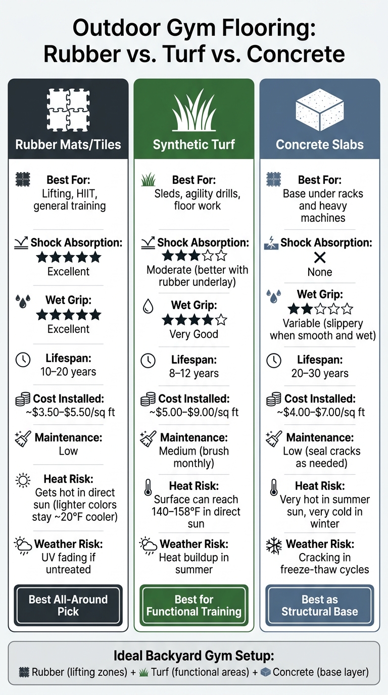 Outdoor Gym Flooring Comparison: Rubber vs. Turf vs. Concrete