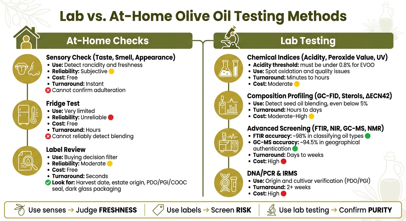 Lab vs. At-Home Olive Oil Testing: Methods, Accuracy & Cost Compared