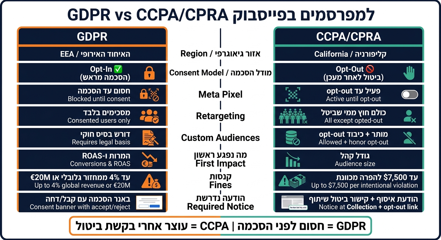 GDPR vs CCPA/CPRA: השוואה מלאה למפרסמים בפייסבוק