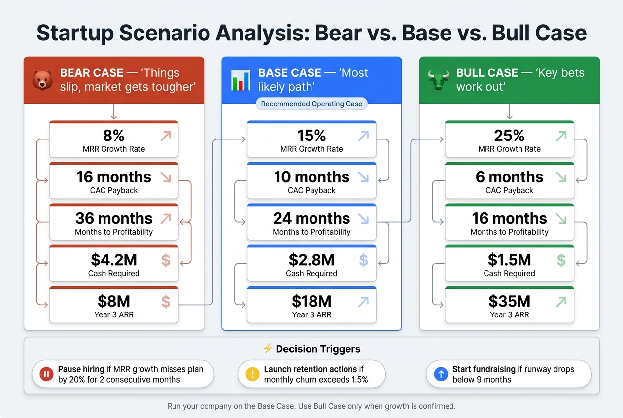 Startup Scenario Analysis: Bear vs. Base vs. Bull Case Key Metrics