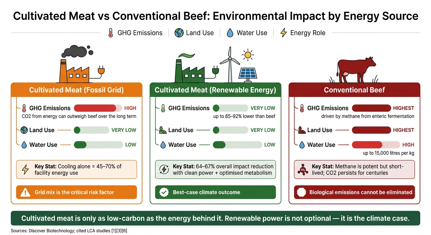 Cultivated Meat vs Conventional Beef: Environmental Impact by Energy Source