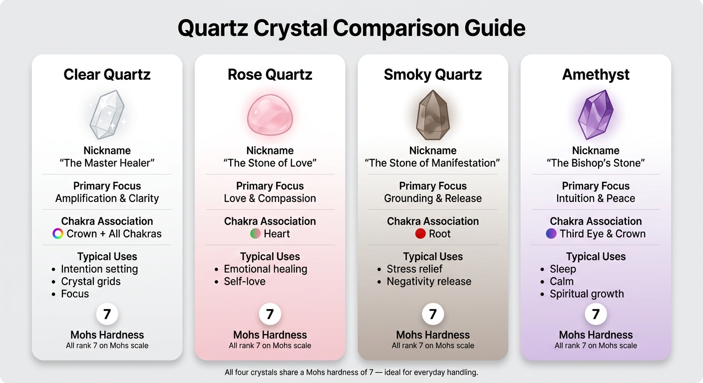 Clear Quartz vs. Rose Quartz vs. Smoky Quartz vs. Amethyst: Side-by-Side Comparison