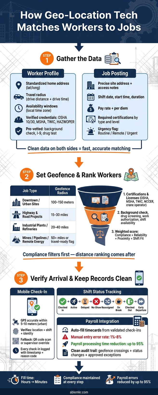 Geo-Location Job Matching: 3-Step Workflow for Fast, Compliant Dispatch