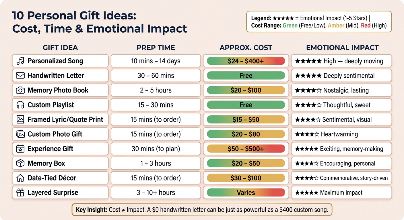 10 Personal Gift Ideas: Cost, Time & Emotional Impact at a Glance