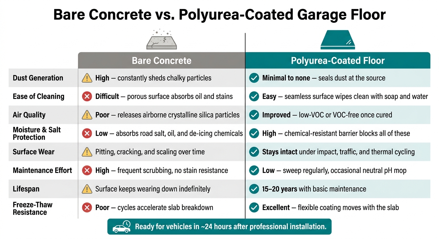How Polyurea Coatings Reduce Garage Dust 1 Bare Concrete Vs. Polyurea-Coated Garage Floor: Side-By-Side Comparison