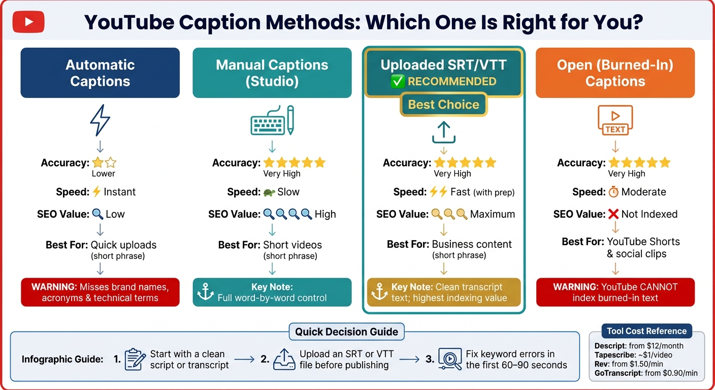 YouTube Caption Methods Compared: Accuracy, Speed & SEO Value